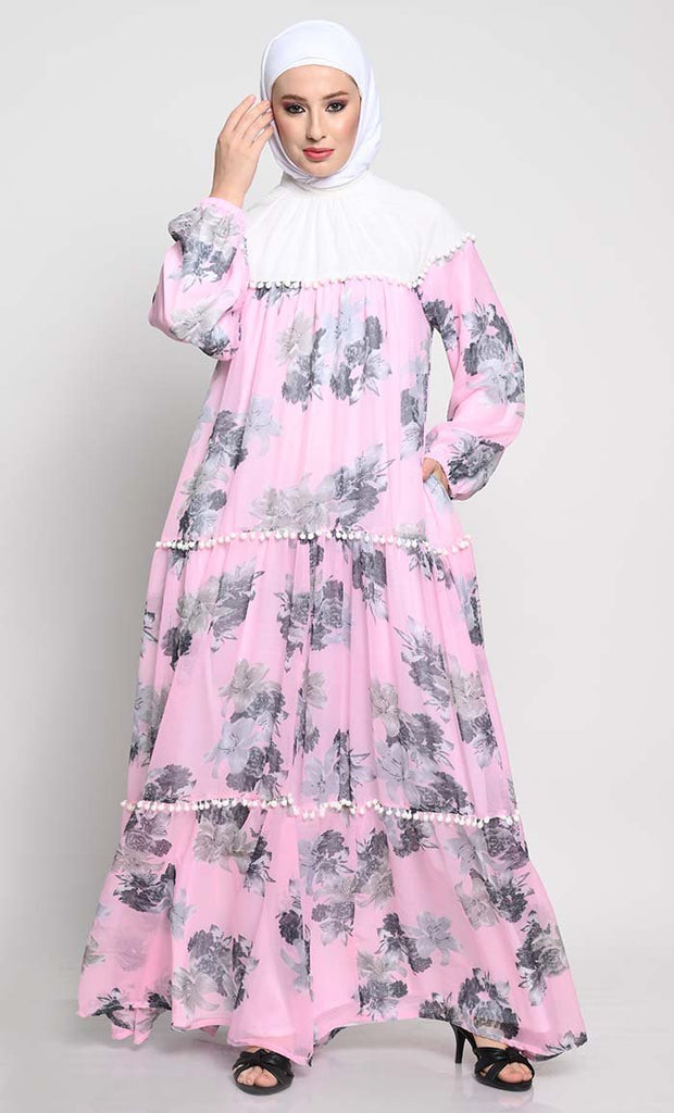 Stylish Chiffon Printed Abaya with Contrast Yoke and Pom Pom Lace Details - Final Sale - EastEssence.com