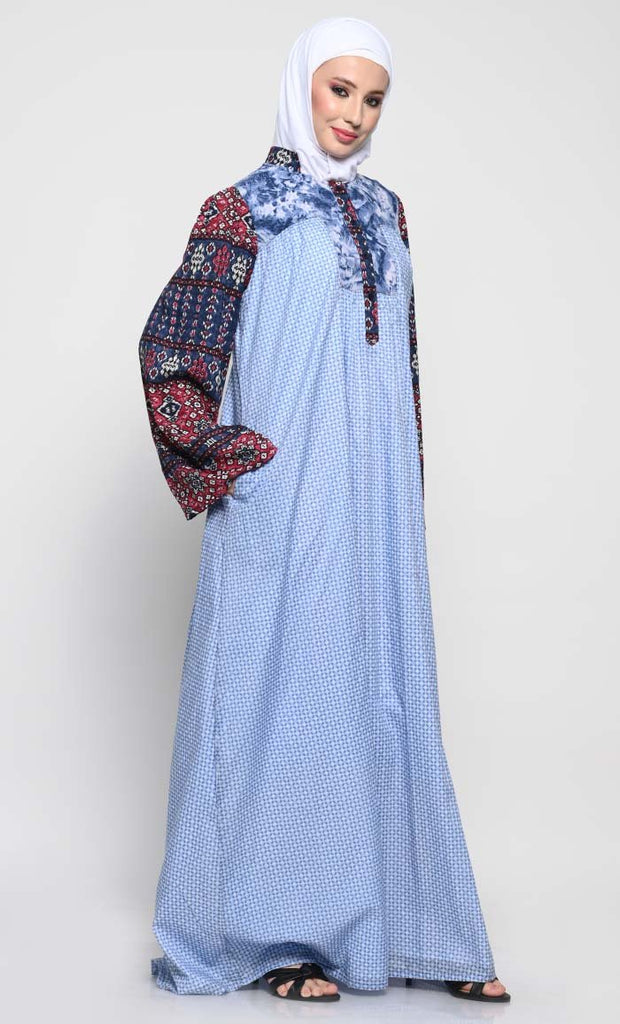 Stylish Cotton Abaya with Contrast Bell Sleeves and Crepe Lining - EastEssence.com