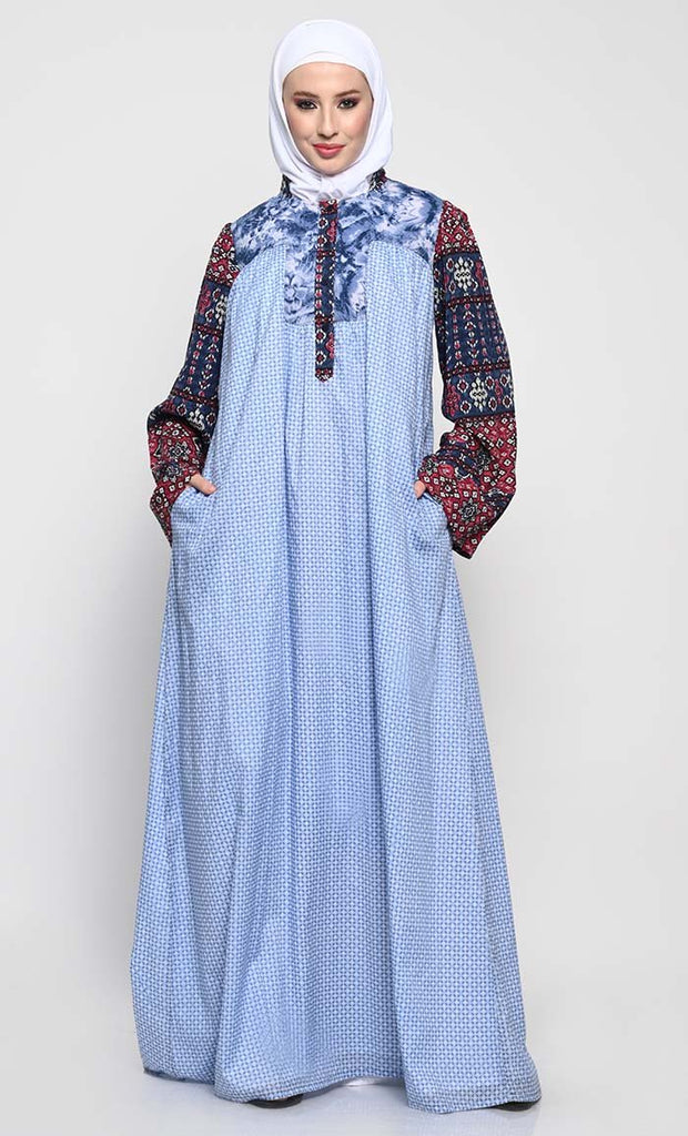 Stylish Cotton Abaya with Contrast Bell Sleeves and Crepe Lining - EastEssence.com