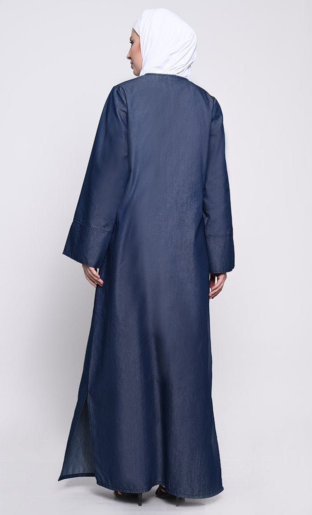 Stylish Denim Fabric Abaya with Side Slits and Hook - Eye Button Detailing - EastEssence.com