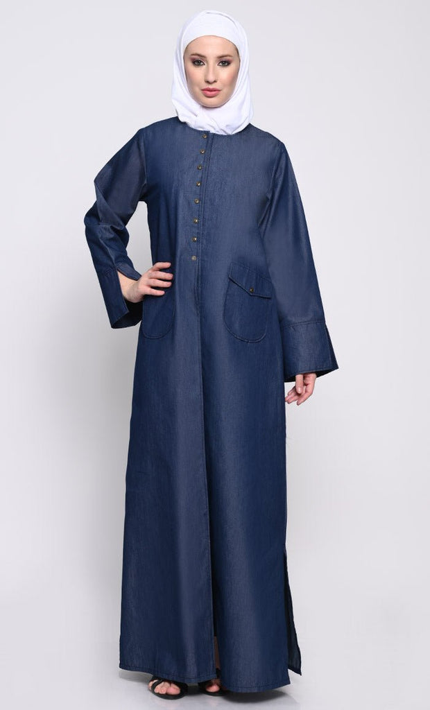 Stylish Denim Fabric Abaya with Side Slits and Hook - Eye Button Detailing - EastEssence.com