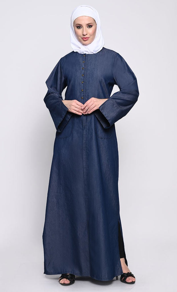 Stylish Denim Fabric Abaya with Side Slits and Hook - Eye Button Detailing - EastEssence.com