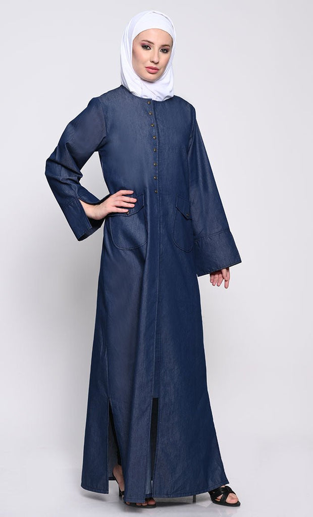 Stylish Denim Fabric Abaya with Side Slits and Hook - Eye Button Detailing - EastEssence.com