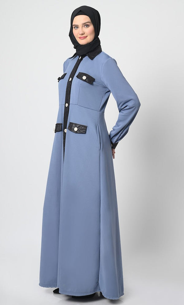 Stylish Pantroma Fabric Abaya with Flap Pockets - EastEssence.com