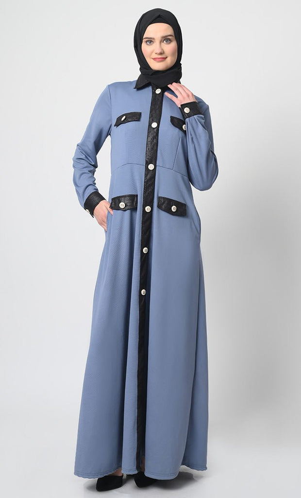 Stylish Pantroma Fabric Abaya with Flap Pockets - EastEssence.com