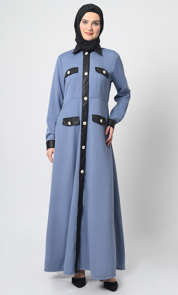 Stylish Pantroma Fabric Abaya with Flap Pockets - EastEssence.com