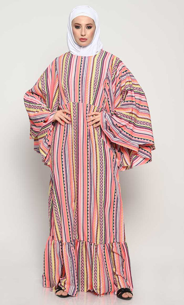 Stylish Printed Crepe Abaya with Full Cape Sleeves and Pleated Panel - EastEssence.com