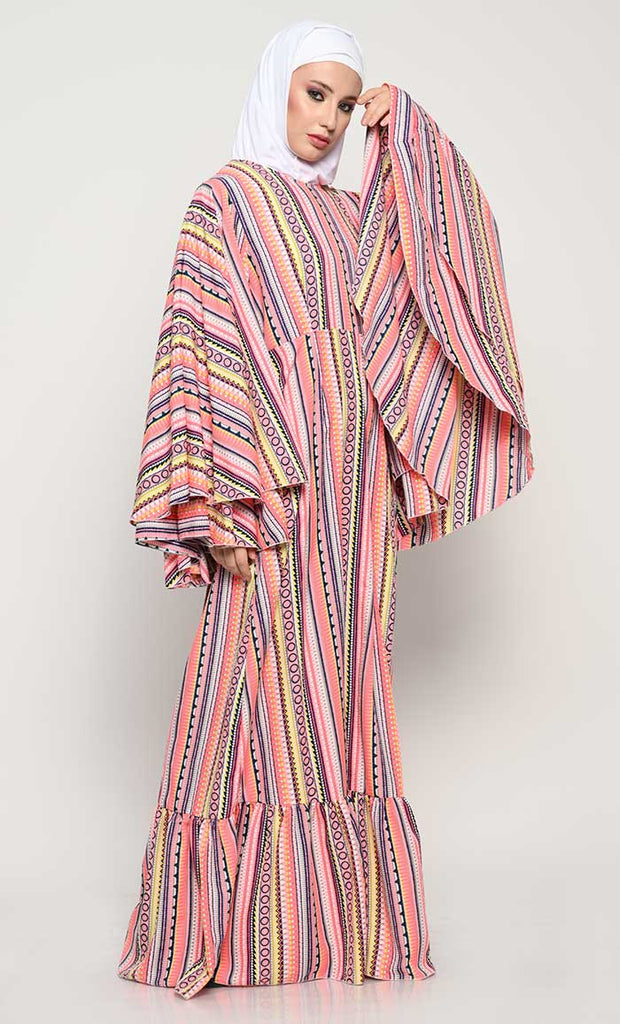 Stylish Printed Crepe Abaya with Full Cape Sleeves and Pleated Panel - EastEssence.com