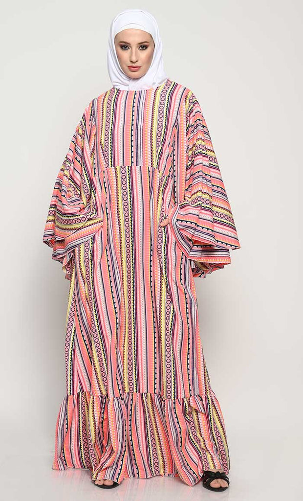 Stylish Printed Crepe Abaya with Full Cape Sleeves and Pleated Panel - EastEssence.com