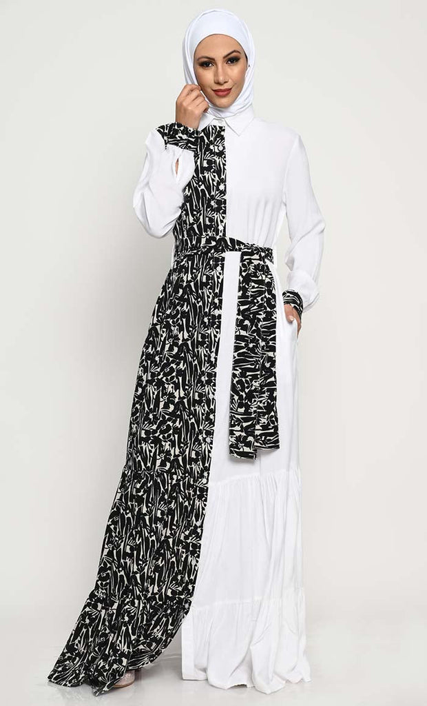 Stylish Rayon Abaya with Printed Front Panel and Adjustable Belt - EastEssence.com