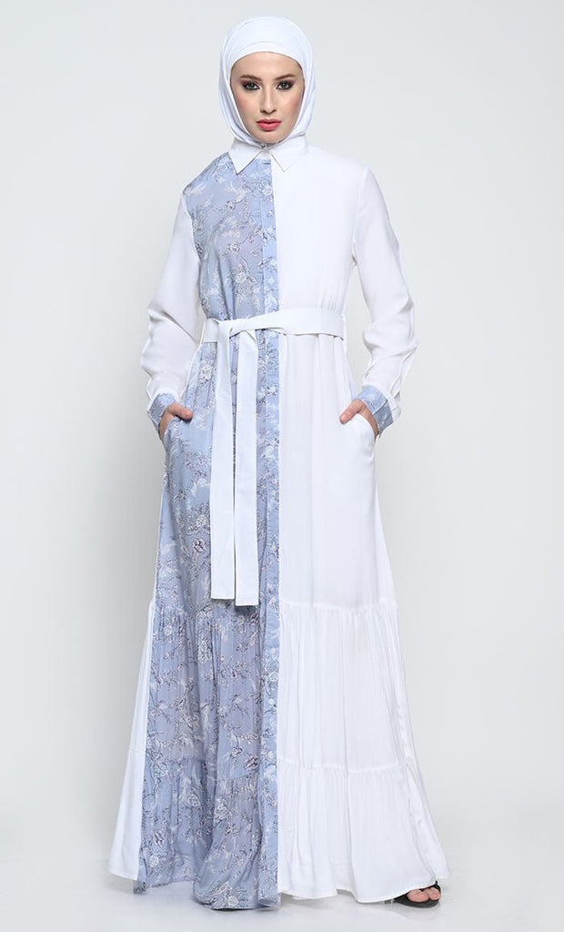 Stylish Rayon Abaya with Printed Front Panel and Adjustable Belt - EastEssence.com