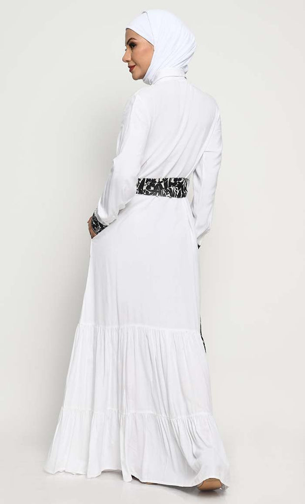 Stylish Rayon Abaya with Printed Front Panel and Adjustable Belt - EastEssence.com