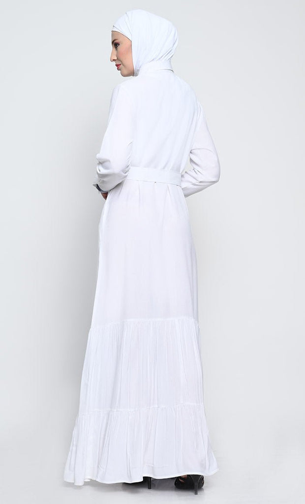 Stylish Rayon Abaya with Printed Front Panel and Adjustable Belt - EastEssence.com