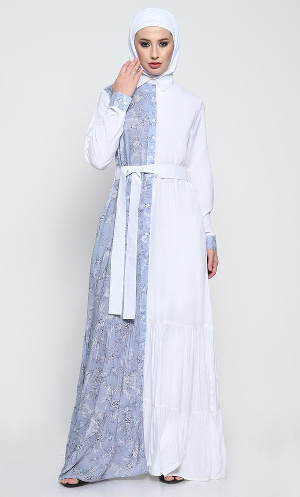 Stylish Rayon Abaya with Printed Front Panel and Adjustable Belt - EastEssence.com