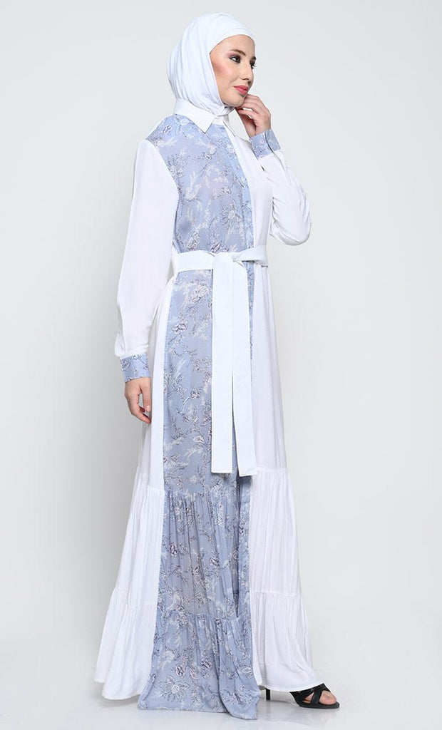 Stylish Rayon Abaya with Printed Front Panel and Adjustable Belt - EastEssence.com