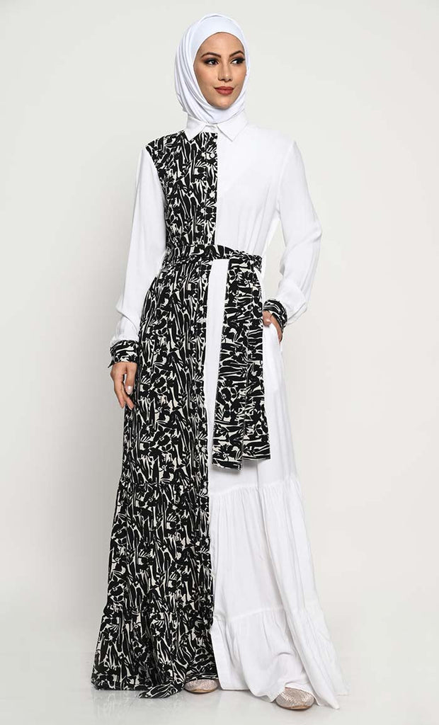 Stylish Rayon Abaya with Printed Front Panel and Adjustable Belt - EastEssence.com