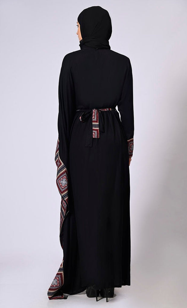 Stylish Semi Black Kaftan with Printed Panels and Tassel Details - Final Sale - EastEssence.com