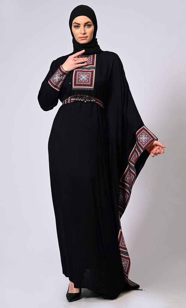 Stylish Semi Black Kaftan with Printed Panels and Tassel Details - Final Sale - EastEssence.com