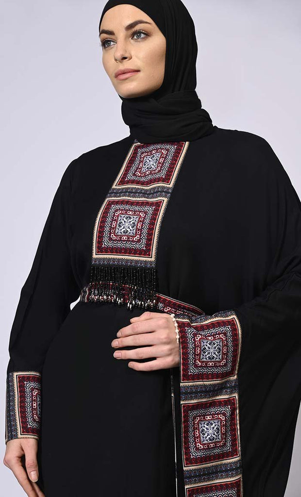 Stylish Semi Black Kaftan with Printed Panels and Tassel Details - Final Sale - EastEssence.com