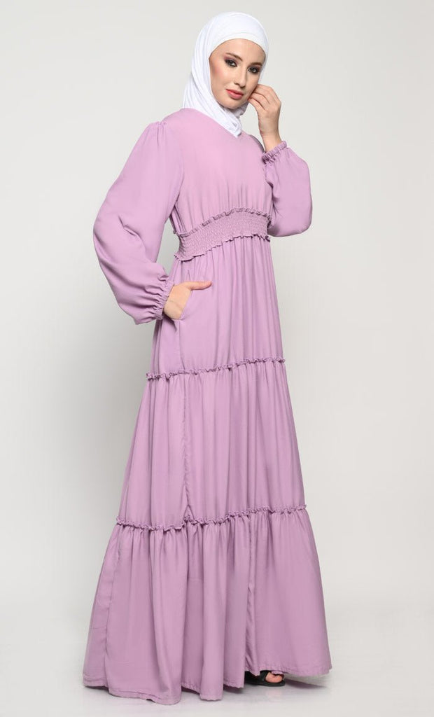 Stylish Summer Cool Fabric Layered Abaya with V - Neck and Crepe Lining - Final Sale - EastEssence.com