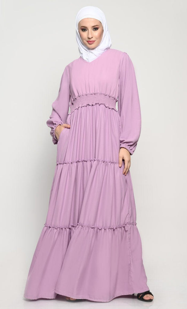 Stylish Summer Cool Fabric Layered Abaya with V - Neck and Crepe Lining - Final Sale - EastEssence.com