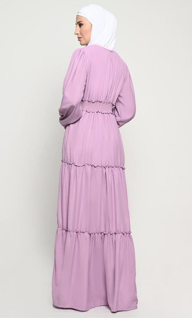 Stylish Summer Cool Fabric Layered Abaya with V - Neck and Crepe Lining - Final Sale - EastEssence.com