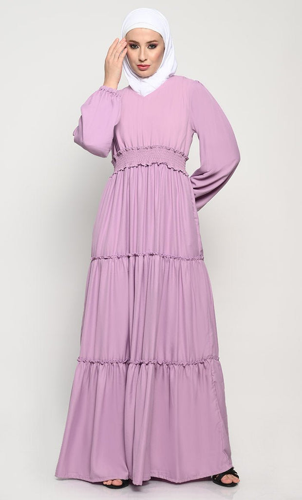 Stylish Summer Cool Fabric Layered Abaya with V - Neck and Crepe Lining - Final Sale - EastEssence.com