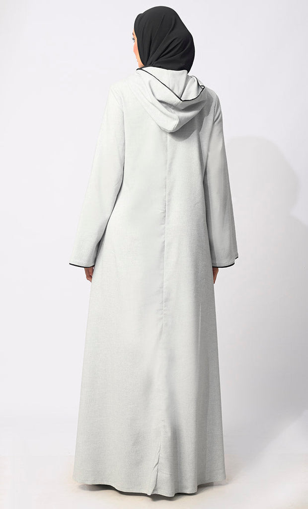 Subdued Hues: Muted Bead handwork Hooded Abaya with Tassels - EastEssence.com