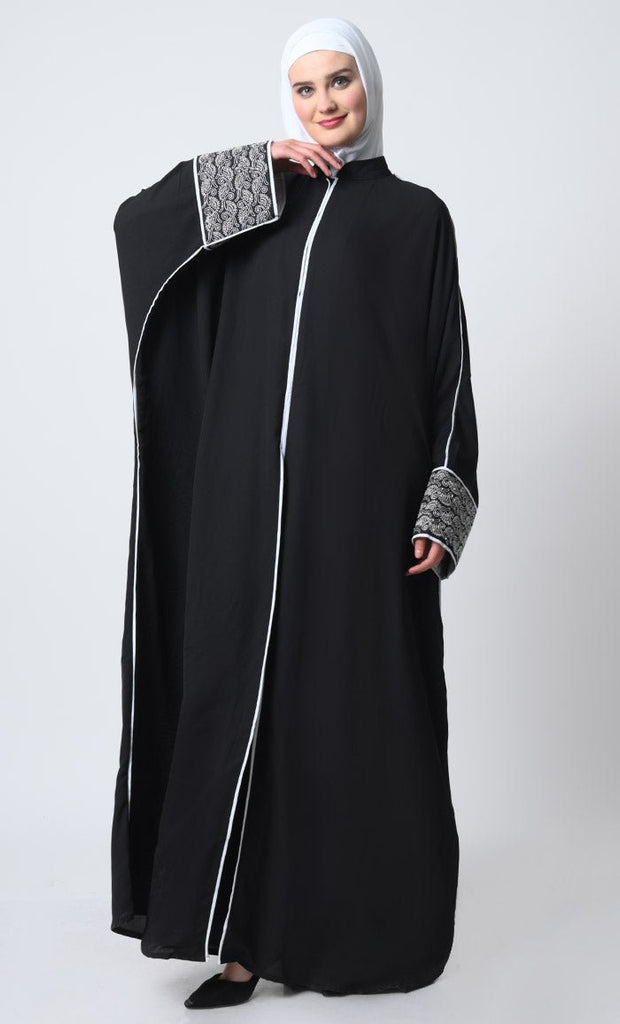 Summer Cool Kaftan Abaya with Cord Embroidery and Crepe Slip - EastEssence.com