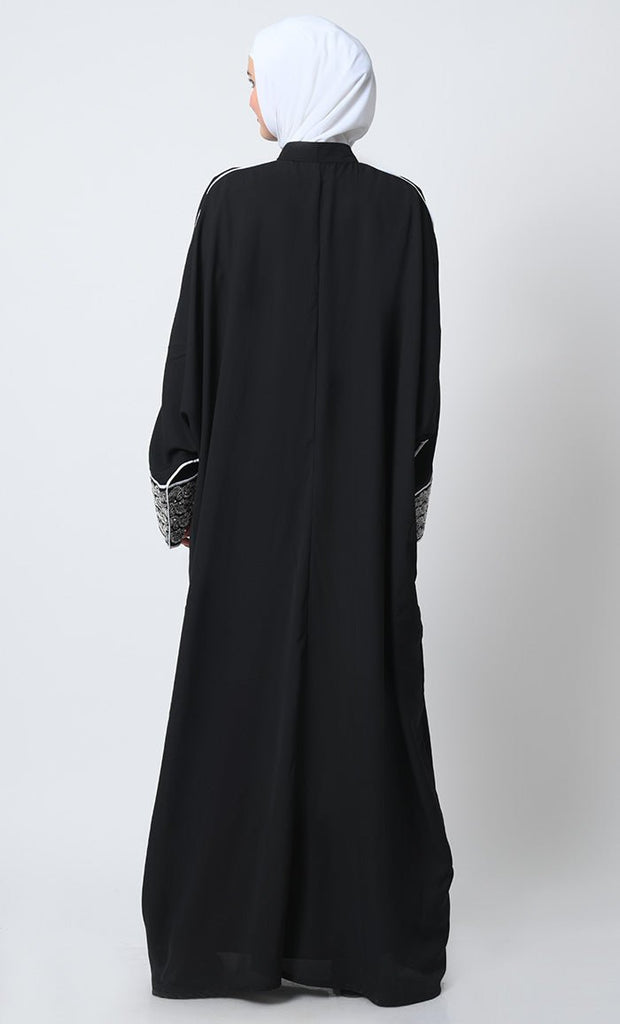 Summer Cool Kaftan Abaya with Cord Embroidery and Crepe Slip - EastEssence.com