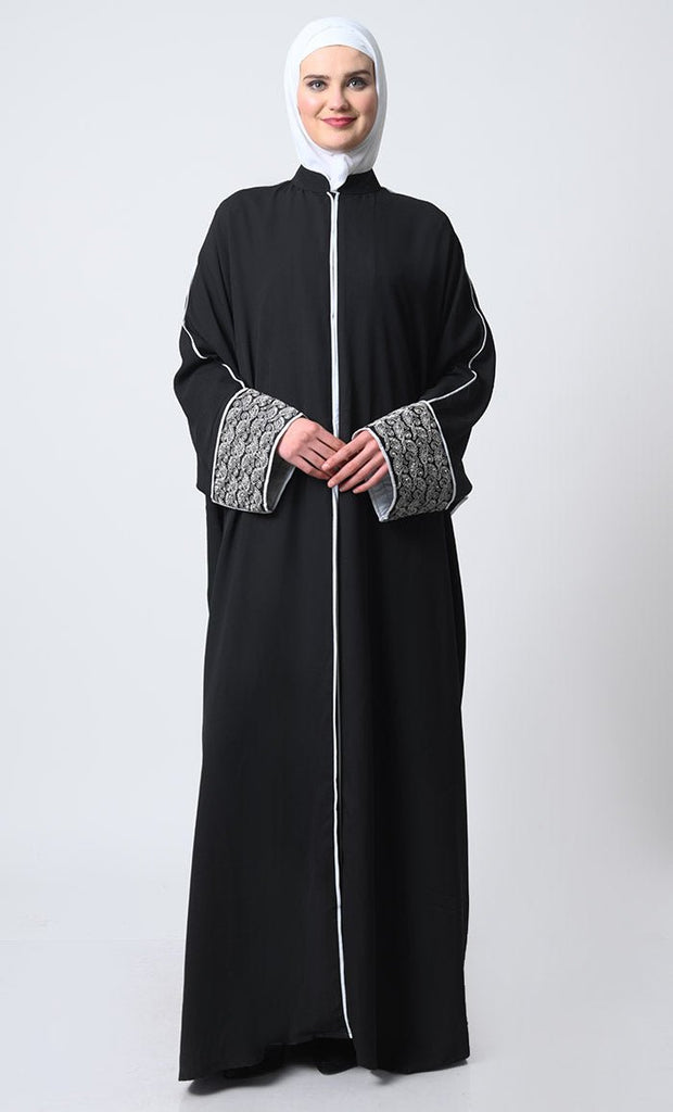 Summer Cool Kaftan Abaya with Cord Embroidery and Crepe Slip - EastEssence.com