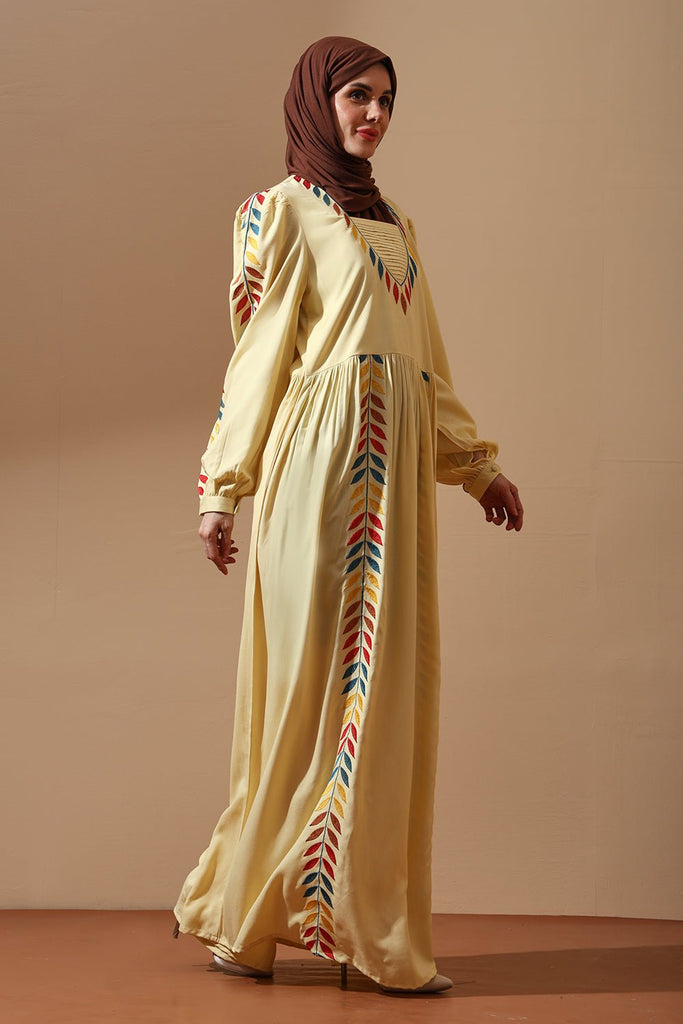 Sun - Kissed Yellow Abaya with Tribal Leaf Embroidery - EastEssence.com