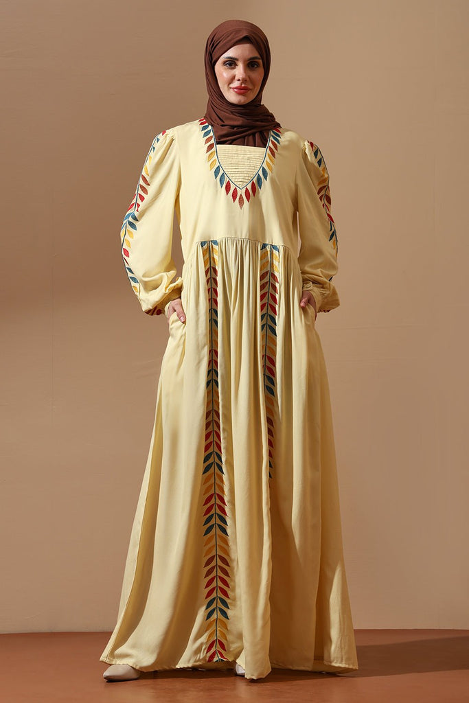 Sun - Kissed Yellow Abaya with Tribal Leaf Embroidery - EastEssence.com