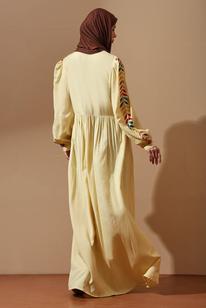 Sun - Kissed Yellow Abaya with Tribal Leaf Embroidery - EastEssence.com