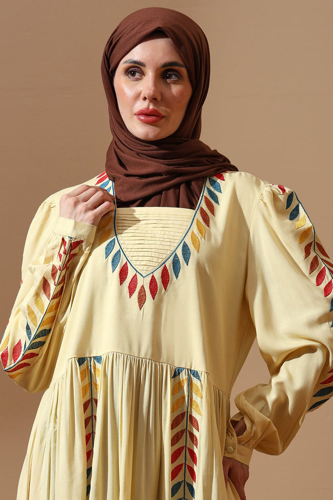 Sun - Kissed Yellow Abaya with Tribal Leaf Embroidery - EastEssence.com