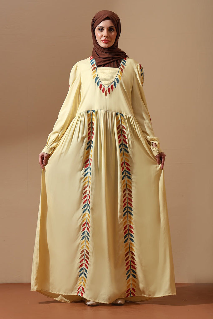 Sun - Kissed Yellow Abaya with Tribal Leaf Embroidery - EastEssence.com