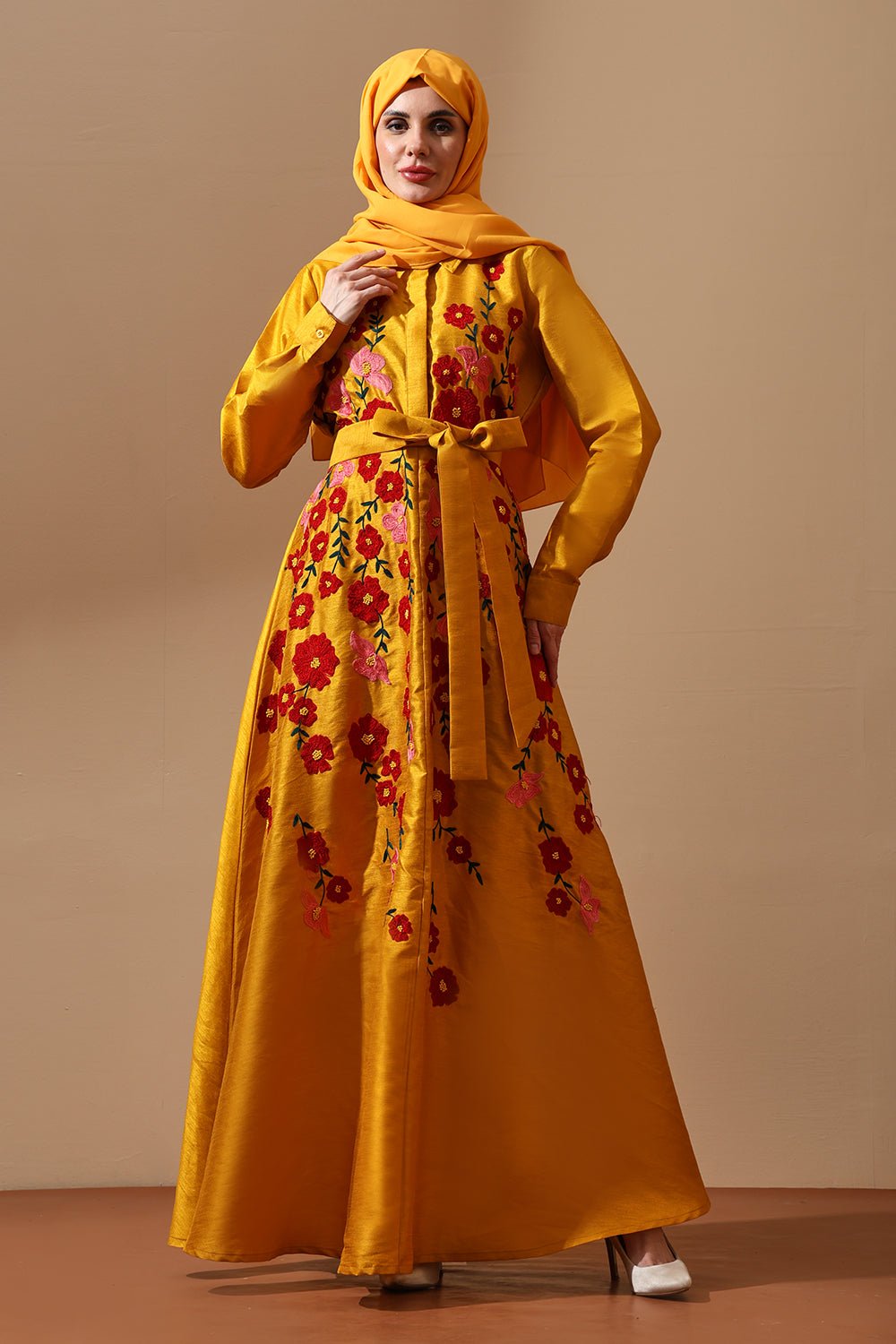 Sunshine Bloom Embroidered Belted Abaya - EastEssence.com