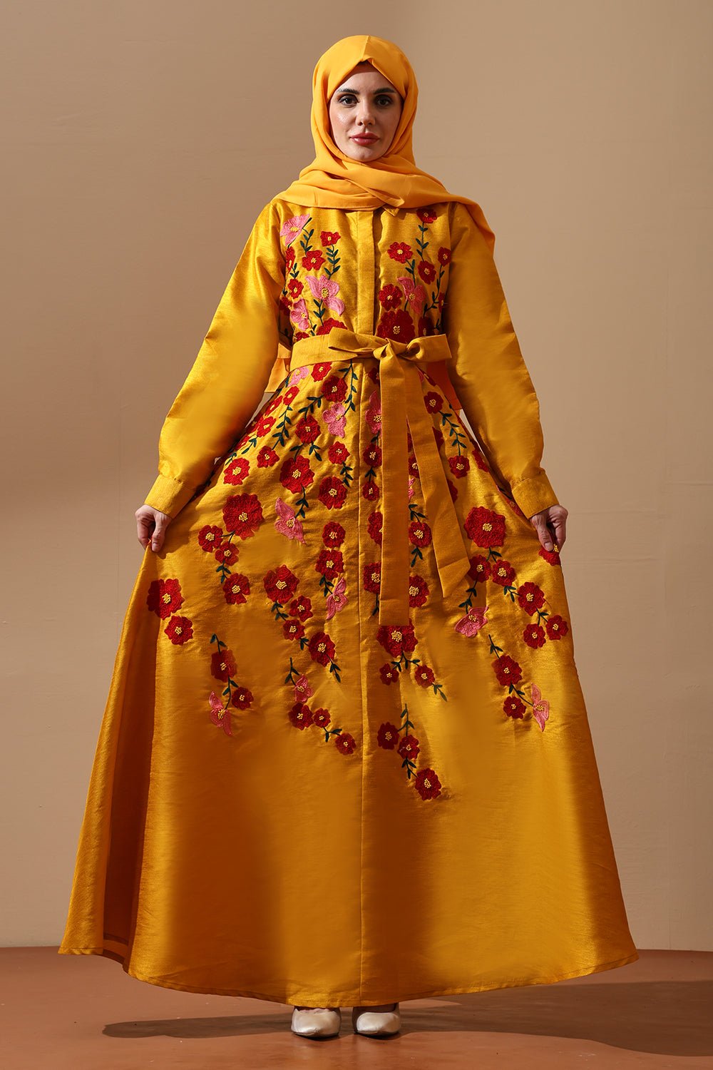 Sunshine Bloom Embroidered Belted Abaya - EastEssence.com