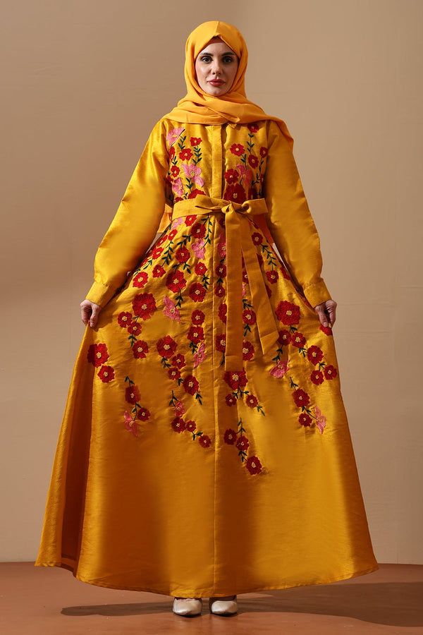 Sunshine Bloom Embroidered Belted Abaya - EastEssence.com