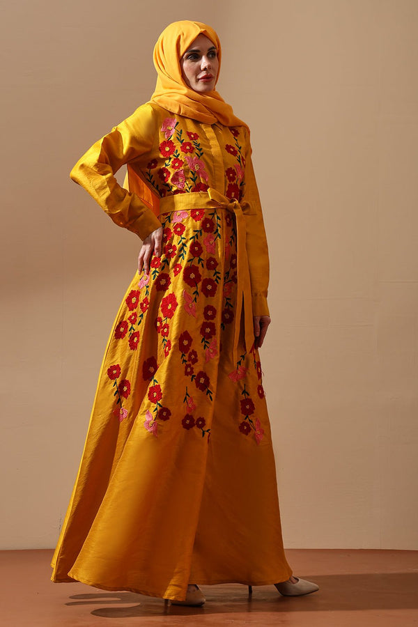Sunshine Bloom Embroidered Belted Abaya - EastEssence.com
