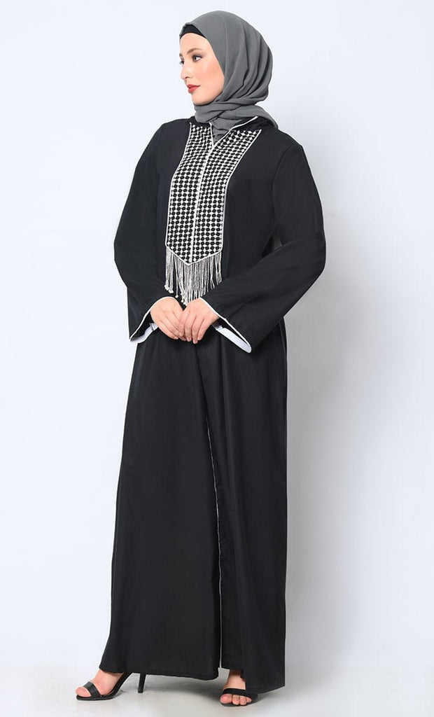 Tassel - Adorned Black Hoodie Abaya with Pockets - EastEssence.com