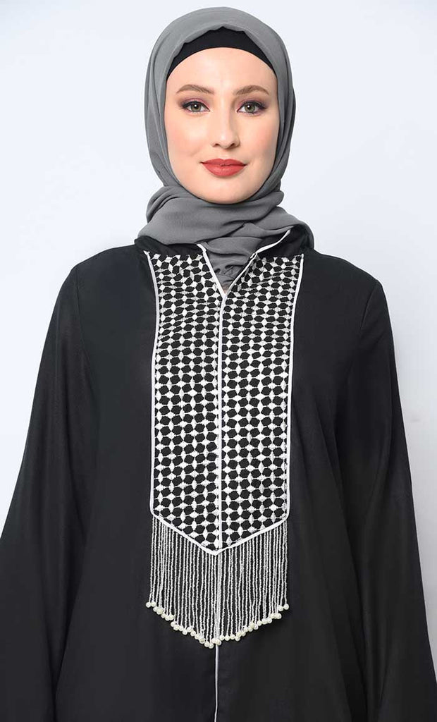 Tassel - Adorned Black Hoodie Abaya with Pockets - EastEssence.com