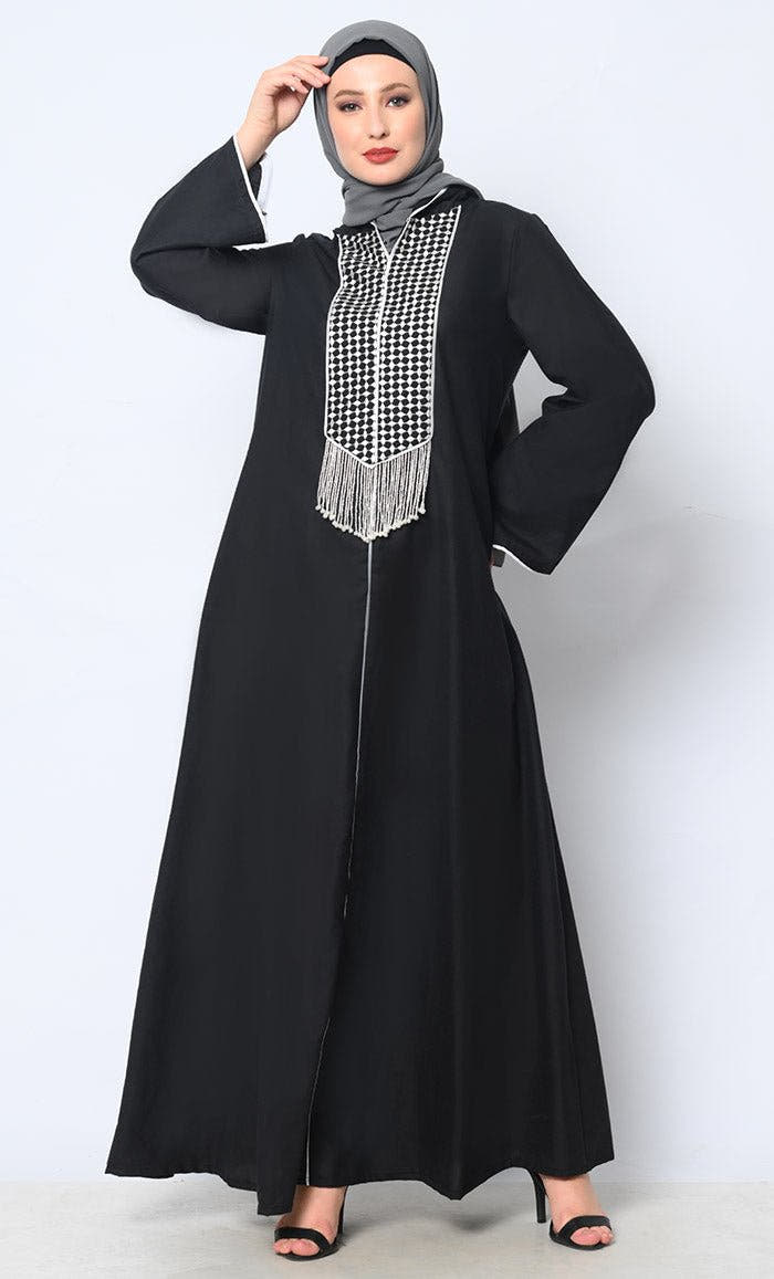 Tassel-Adorned Black Hooded Abaya with Pockets