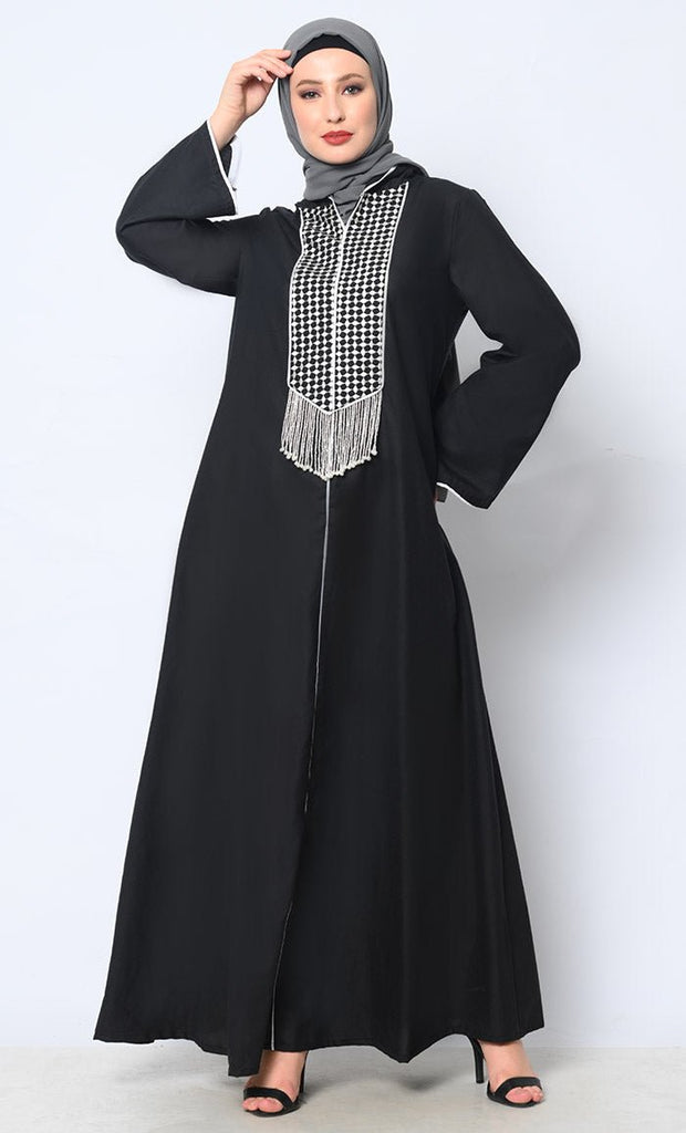 Tassel - Adorned Black Hoodie Abaya with Pockets - EastEssence.com