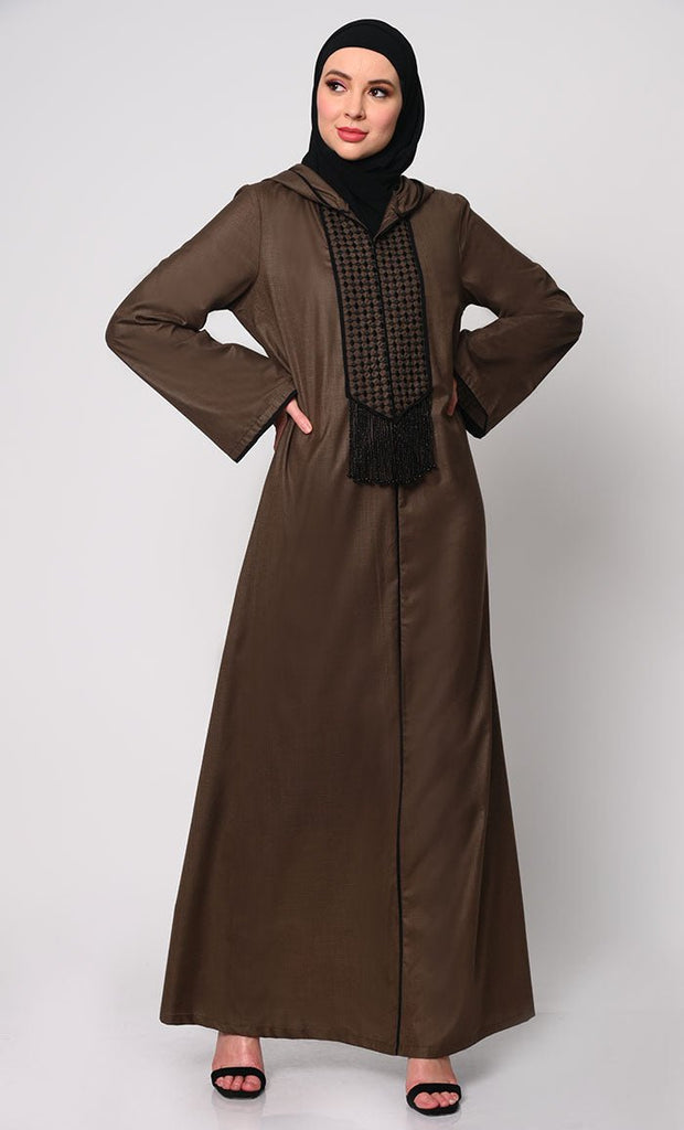 Tassel - Adorned Brown Hoodie Abaya with Pockets - EastEssence.com