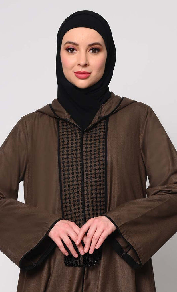 Tassel - Adorned Brown Hoodie Abaya with Pockets - EastEssence.com