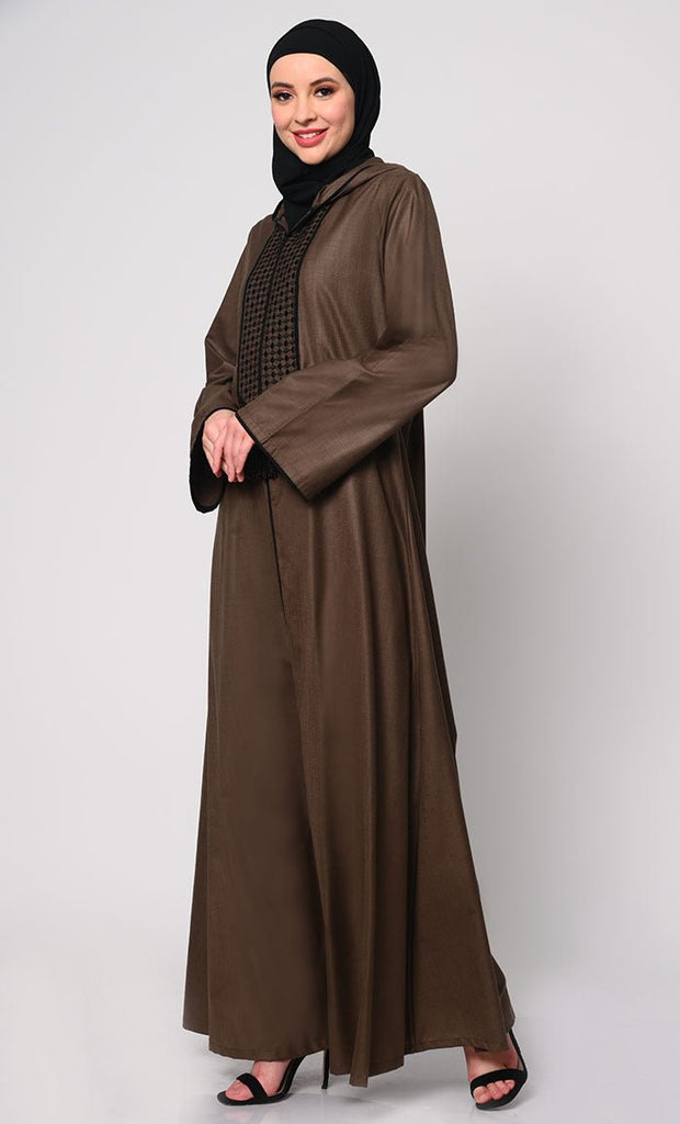 Tassel - Adorned Brown Hoodie Abaya with Pockets - EastEssence.com