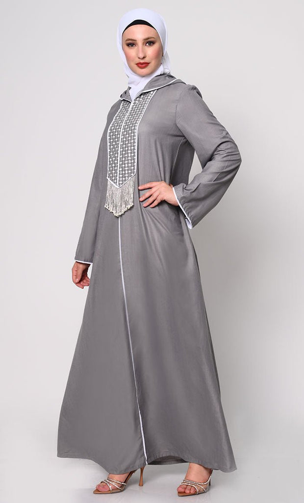 Tassel - Adorned Grey Hoodie Abaya with Pockets - EastEssence.com