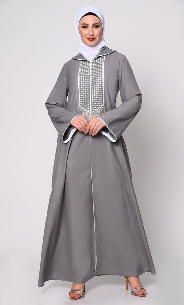 Tassel - Adorned Grey Hoodie Abaya with Pockets - EastEssence.com