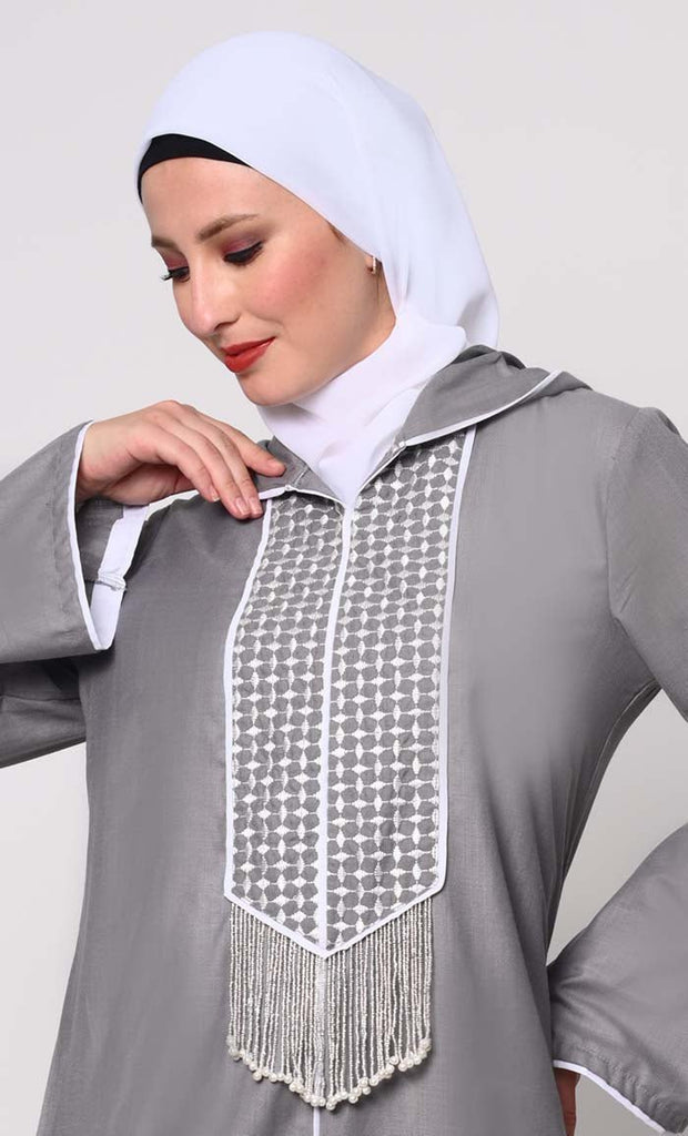 Tassel - Adorned Grey Hoodie Abaya with Pockets - EastEssence.com